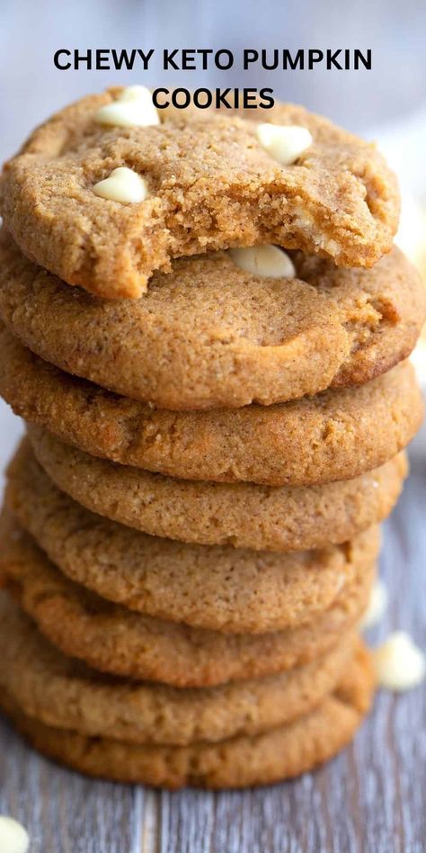 These tender keto pumpkin cookies are studded with sugar free white chocolate chips. Chewy and soft, they are destined to become your new favorite fall dessert. Keto Pumpkin Spice Cookies, Healthy Keto Cookies, Keto Oatmeal Chocolate Chip Cookies, Low Sugar Pumpkin Cookies, Keto Bars Recipe Easy, Chewy Keto Cookies, Keto Holiday Dessert Recipes, Pumpkin Keto Desserts, Carbquik Cookies