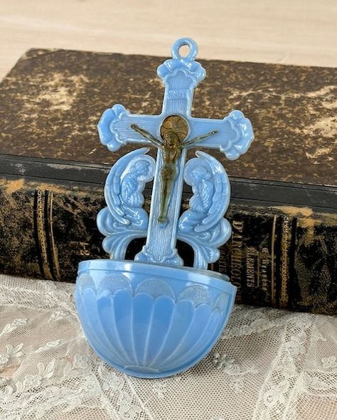 Holy Water Font blue plastic crucifix and 2 angels, home altar, home decor, baby blue cross, incl glass bowl for the holy water Shipping/selling worldwide 🌍 Follow us: @toughtofindetsy   🦋Please click link in bio 🦋 2 Angels, Holy Water Font, Knee Hugger, Water Font, Home Altar, Antique Gift, Blue Cross, Holy Water, Egg Holder