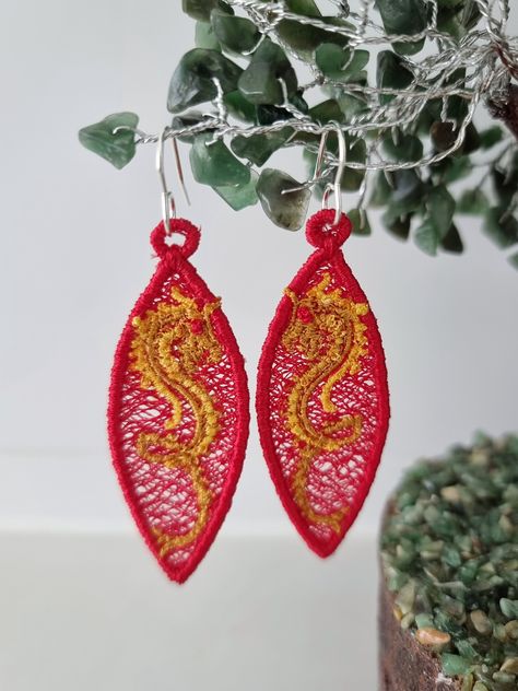 Embroidered Lunar New Year - Year of the Dragon - red and gold earrings with 304 stainless steel hooks by DardinieDesigns on Etsy Red And Gold Dragon, Embroidered Earrings, Free Standing Lace, Gold Dragon, Lace Earrings, Earring Designs, Year Of The Dragon, Lunar New Year, Embroidery Techniques