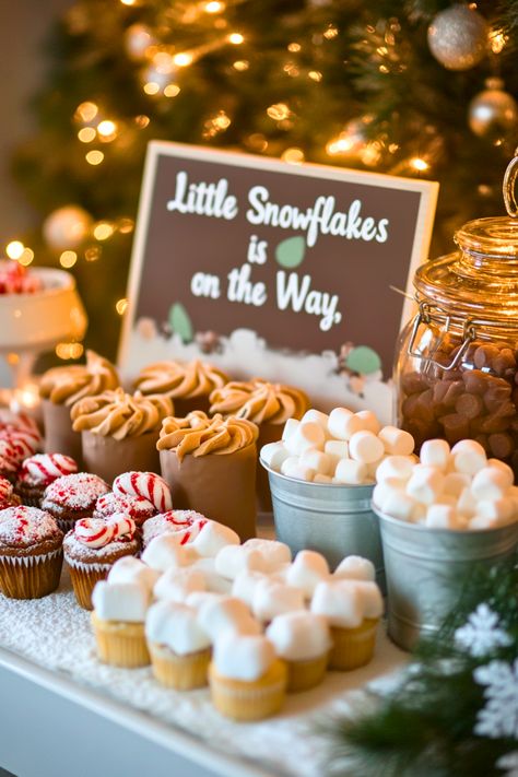 Baby Shower Hot Cocoa Bar, New Year New Baby Shower Ideas, Hot Cocoa Bar Baby Shower Ideas, Baby Shower Themes Christmas, Baby Shower Themes January, Baby Shower Themes For Twins, Baby It’s Cold Outside Shower Theme, Winter Baby Shower Food, Baby Shower For Twins