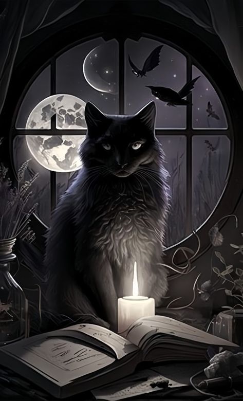 Magical Black Cat, Black Cat Aesthetic Witch, Black Cat Art Witches, Cat Artwork Illustration, Halloween Cats Art, Witch Cat Art, Witch Animal, Black Cat Autumn, Witch With Cat