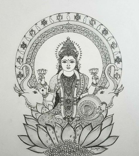 Lakshmi Devi Drawing Pencil, Lakshmi Devi Mandala Art, Laxmi Goddess Mandala Art, Laxmi Mata Sketch, Lakshmi Drawing Art, Laxmi Mandala Art, Indian God Sketches Pencil, Lakshmi Devi Paintings, Laxmi Drawing Easy