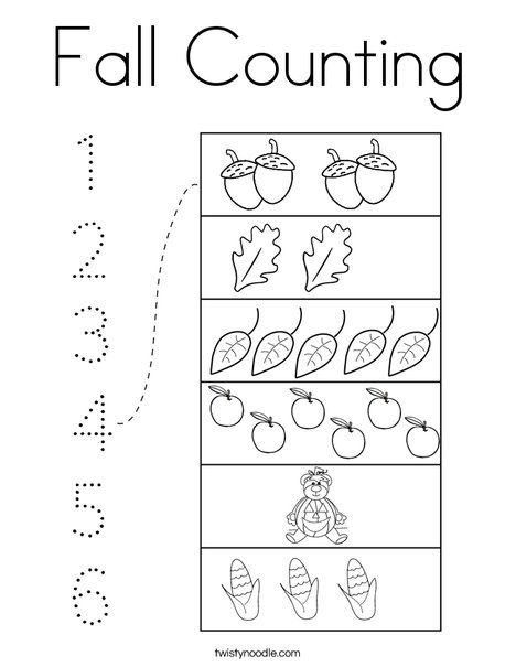 Fall Counting Coloring Page - Twisty Noodle Counting Pages Preschool, Fall Numbers 1-10, Fall Prek Worksheets, Fall Activity Sheets For Preschool, Fall Worksheets For Toddlers, Fall Counting Worksheets Preschool, Fall Math Preschool, Fall Patterns Kindergarten, Fall Math Activities Preschool