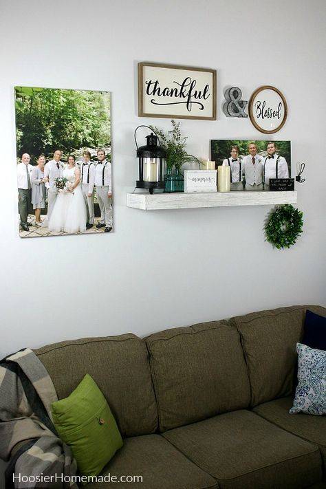 Farmhouse Wall Decor With Family Photos, Wall Decor With Canvas Pictures, Wall Decor Family Room Over The Couch, Family Canvas Wall, Decorating With Canvas Photos, Canvas On Wall Ideas Living Room, Living Room Wall Canvas Ideas, Canvas On Wall Ideas, Simple Picture Wall Ideas Living Room