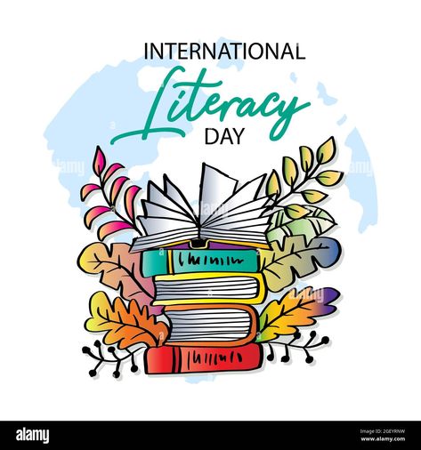 Download this stock image: International Literacy Day poster with stack of books. Education concept. - 2GEYRNW from Alamy's library of millions of high resolution stock photos, illustrations and vectors. Reading Poster Drawing, Poster On Literacy Day, Library Day Poster, 21st Century Literature Poster, Literacy Day Drawing, Reading Day Poster Design, International Literacy Day Poster, Education Poster Design Ideas, Education Day Poster