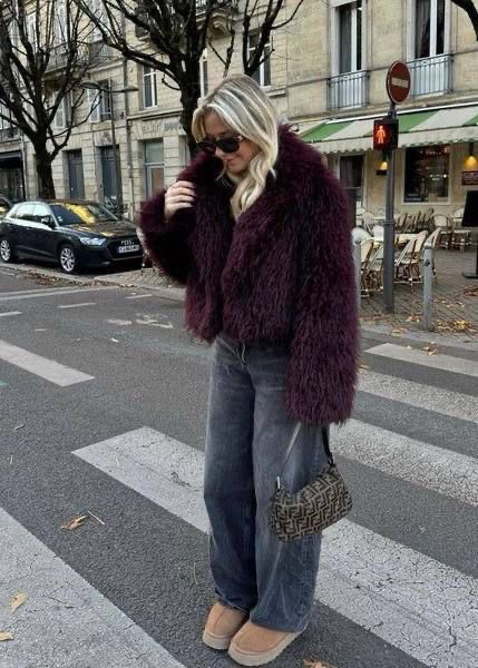 Burgundy Fur Jacket Outfit, Burgundy Fur Coat Outfit, Burgundy Fur Coat, Burgundy Faux Fur Coat, Burgundy Jacket Outfit, Fur Coat Outfits, Faux Fur Coats Outfit, Fur Jacket Outfit, Old Money Winter