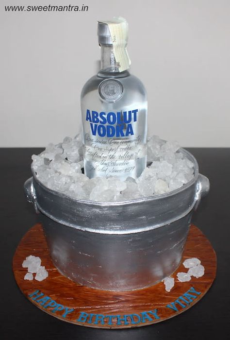 Absolut vodka alcohol bucket shaped 3D cake by Sweet Mantra - Customized 3D cakes Designer Wedding/Engagement cakes in Pune - http://cakesdecor.com/cakes/332111-absolut-vodka-alcohol-bucket-shaped-3d-cake Birthday Cake Vodka, Alcohol Birthday Cake, Liquor Cake, Cake Vodka, Alcohol Cake, Friends Birthday Cake, Fondant Cakes Birthday, Bottle Cake, 21st Cake