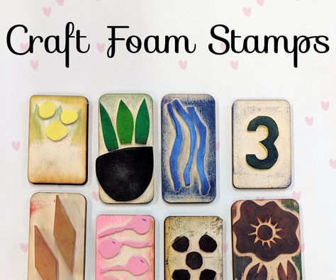 Create awesome stamps out of craft foam and a few other easy materials in less than an hour! Homemade Stamps, Potato Stamp, Printmaking Projects, Foam Stamps, Clay Stamps, Craft Foam, Stamp Carving, Handmade Stamps, Stamp Printing