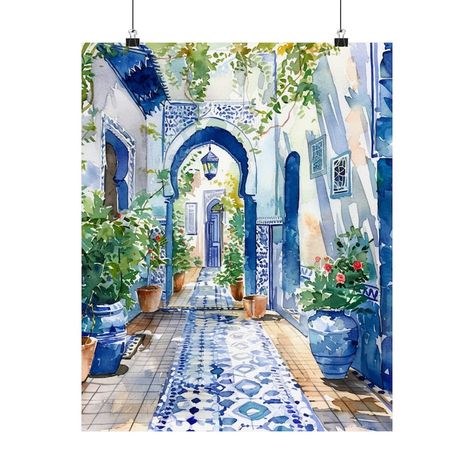 Morocco Watercolor Print, Moroccan Blue Tile Doorways Art Print, Marrakesh Travel Art, European Art, Mediterranean Travel Gifts Moroccan Painting, Marrakesh Travel, Thesis Ideas, Moroccan Wall Art, Morocco Art, Art Marocain, Mediterranean Travel, Greece Art, Moroccan Art