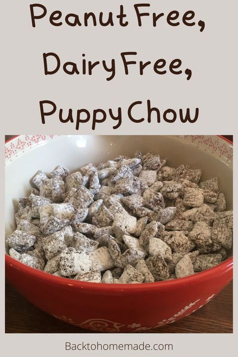 Peanut free, dairy free, gluten free Puppy Chow (Muddy Buddies) recipe. Dairy Free Puppy Chow, Gluten Free Puppy Chow, Puppy Chow Recipe, Chow Recipe, Dairy And Gluten Free, Puppy Chow Recipes, Free Puppies, Dairy Free Gluten Free, Puppy Chow