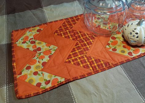 Chevron Table Runner pattern | Charmed By Ashley Chevron Table Runners, Fun Fall Decor, Runner Pattern, Chevron Table, Start Quilting, Quilt Binding, Fall Patterns, Quilt Batting, Table Runner Pattern