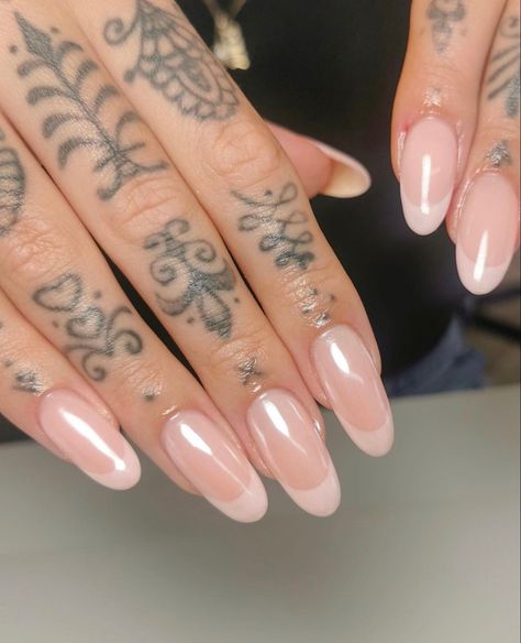 Nude Chrome French Tip Nails, Milky French Manicure Almond Nails, Milky French Tip Nails, Clear Nude Nails, Soft Pink French Tip Nails, Soft French Tip Nails, Baby Pink French Tip Nails, Milky French Manicure, Nude French Nails