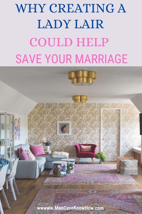 4 Ways a lady lair can help you to save your marriage. SEE PINS BELOW FOR PRODUCTS. It isn't the only the woman who benefits from creating a girl cave. #affiliate #prettyinpink #pink #savemarriage She Cave Ideas For Women, She Room Woman Cave, Ladies Lounge Woman Cave, Lady Cave Ideas, Creative Nicknames, Lady Lounge, Lady Lair, Save Your Marriage, Girl Cave