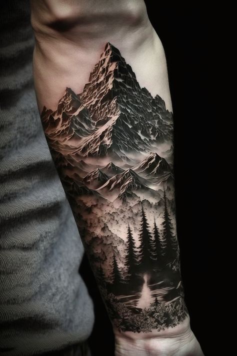 Mountain Sleeve Tattoo, Mountain Tattoo Ideas, Forest Forearm Tattoo, Moutain Tattoos, Natur Tattoo Arm, Wilderness Tattoo, Mountain Tattoos, Mountain And Forest, Simple Forearm Tattoos