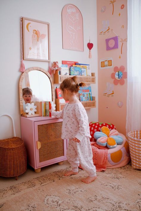 Cozy Toddler Girl Room, Toddler Reading Nook Girl, Toddler Girl Room Colorful, Groovy Toddler Room, Toddler Girl Reading Corner, Reading Corner Toddler Room, Flower Toddler Room, Girls Room Ideas Toddler, Reading Nook In Bedroom Kids