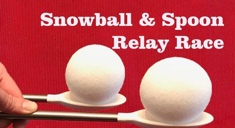 Snowball and Spoon Relay Race, this kid's Holiday party game will have kid's and adults focused on keeping their snowball on the spoon. It sounds easy until you try it. Snowman Relay Race, Snowball Relay Race For Kids, Holiday Relay Games, Winter Relay Races For Kids, Fake Snowball Games, Christmas Relay Games For Kids, Snowman Games For Kids, School Winter Party Ideas Elementary, Christmas Relay Games