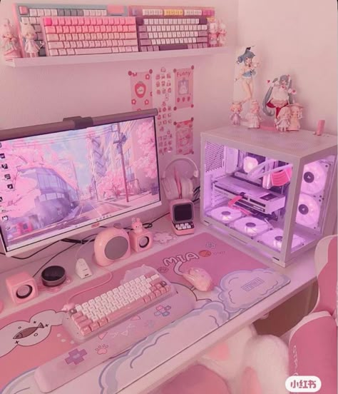 Anime Gaming Room, Aura Wallpapers, Enough Quotes, Kawaii Room Ideas, Gamer Bedroom, Dream Setup, Hiasan Bilik Tidur, Pink Games, Gaming Space