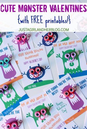 Cute Monster Valentines by Just a Girl and Her Blog Monster Valentine, Printable Calendar Pages, Monster Valentines, Teacher Valentine Gifts, Happy Hearts Day, Valentine's Ideas, School Treats, Valentines Printables Free, Valentine's Day Crafts