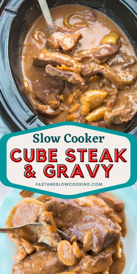 Slow Cooker Cube Steak & Mushroom Gravy - Fast and Slow Cooking Steak And Mushroom Gravy Recipes, Cube Steak Mushroom Gravy Crock Pot, Crockpot Steak And Gravy Slow Cooker, Cube Steak Mushroom Casserole, Mushroom Cube Steak Crock Pot, Slow Cooker Cube Steak Recipes, Crockpot Cube Steak Recipe, Slow Cooker Cubed Steak Crockpot, Slow Cooker Cube Steak And Gravy