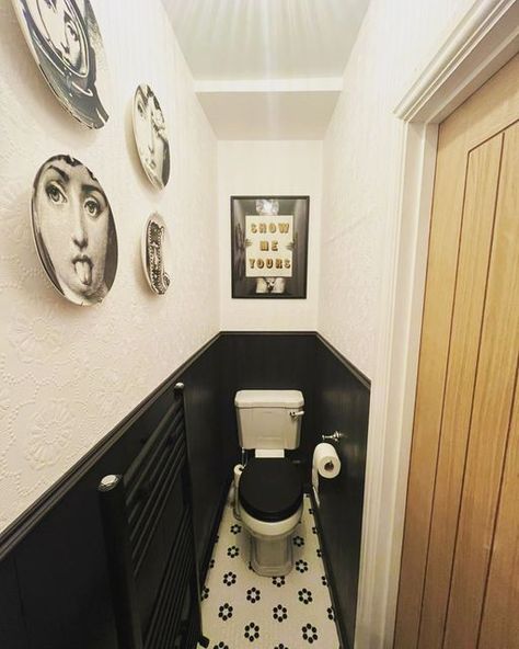 Black Panelling Toilet, Myself Wallpaper, Wallpaper Toilet, Anaglypta Wallpaper, Toilet Tiles, Too Nice, Downstairs Loo, Downstairs Toilet, David Rose