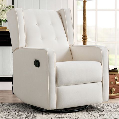 Lean back and relax in this recliner,This glider swivels and reclines too, adding to its comfort, the recliner back can be adjusted from 90° - 150°, can be flexibly used in three modes to meet your demand.This manual swivel rocker gliding recliner chair… Chair For Nursery, White Rocking Chairs, Chair Nursery, Rocker Recliner Chair, Swivel Rocker Recliner Chair, High Quality Sofas, Nursery Glider, Rocking Chair Nursery, Glider Recliner