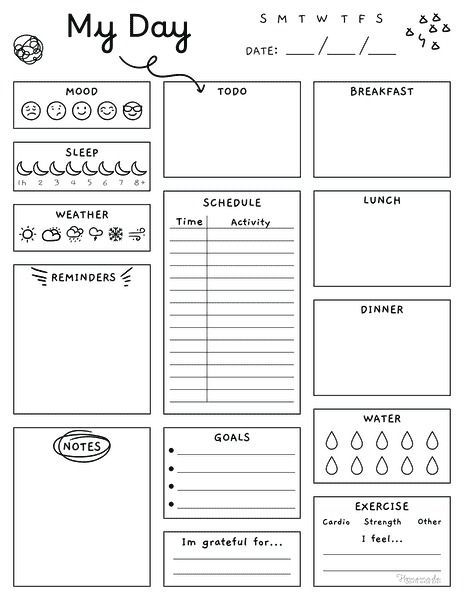 Daily Planner Template Portrait With Doodles Diy Daily Planner Notebook Ideas, Planner Monthly Ideas, Journal Templates Printable Free, Daily Planner Printables Free Pdf, Good Notes Templates Free Planner, Free Printable Daily Planner Template, Free Daily Planner Printables, Daily Checklist Template, Cute Daily Planner Template