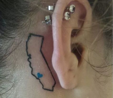 California tattoo. I want the same one in the same place, but for the heart to be over San Diego in stead of Wilmington San Diego Tattoo Ideas, San Diego Tattoo, Tattoo Behind Ear, California Tattoo, California State, Ear Tattoo, Behind Ear Tattoo, Tatting, Body Art