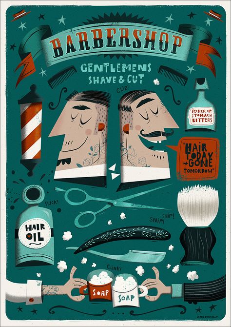 Peter Donnelly is an award winning illustrator from Ireland. He has a distinctive style influenced by a love for mid century design, folk art and vintage print. His work is used extensively throughout advertising, packaging and children's books. Barbershop Poster, Barbershop Quartet, Modern Cartoon, Naive Illustration, The Barber, Retro Illustration, Pisco, Design Graphique, Vintage Poster