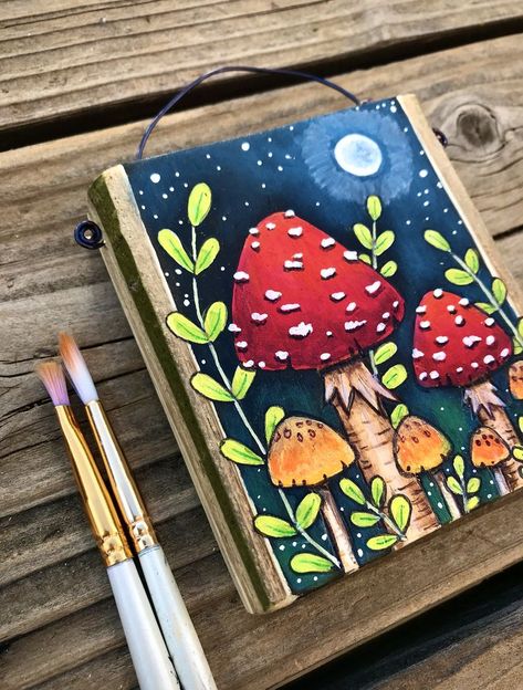 Red and orange mushroom painting on aspen wood Burning On Wood, Mushroom Painting Ideas, Kids Painting Projects, Nature Inspired Painting, Mushroom Painting, Mushroom Paint, Wood Slice Art, Arte Inspo, Paint And Sip