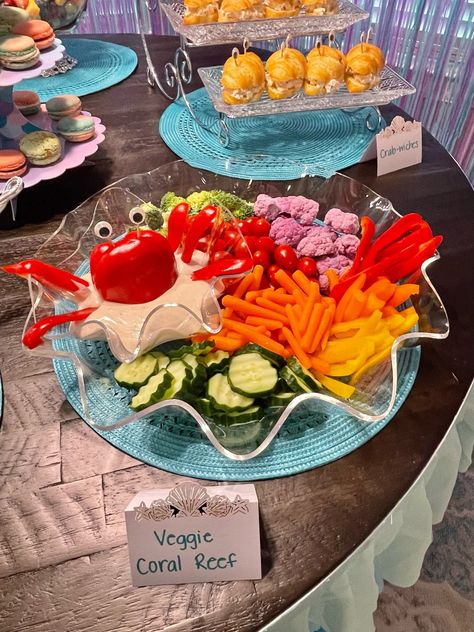 Mermaid Birthday Party Veggie Tray, 7 Seas Birthday Party, Birthday Party Ocean Theme, Ariel Themed Food, Ocean Veggie Tray, Ocean 3rd Birthday Party, Underwater Food Theme, Under The Sea Veggie Platter, Mermaid Party For Adults