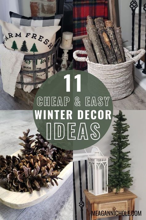 I never thought about decorating after Christmas before. Love this! Home Decor For January And February, Winter Decor Thats Not Christmas, Country Winter Decorating Ideas, Rustic Winter Decor Living Room, Christmas Cotton Decor, January Display Ideas, January Greenery Decor, Winter Tabletop Decor Ideas, Rustic Farmhouse Winter Decor