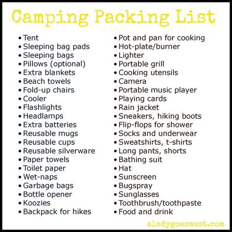 Camping Packing List via A Lady Goes West. What to bring #camping. http://wp.me/p4qPvH-Ly What To Bring On A Camping Trip, What To Bring To Camp, Camping Lists, What To Bring Camping, Camping Food List, Cabin Trip, Camping Packing List, Hiking Food, Beach Packing