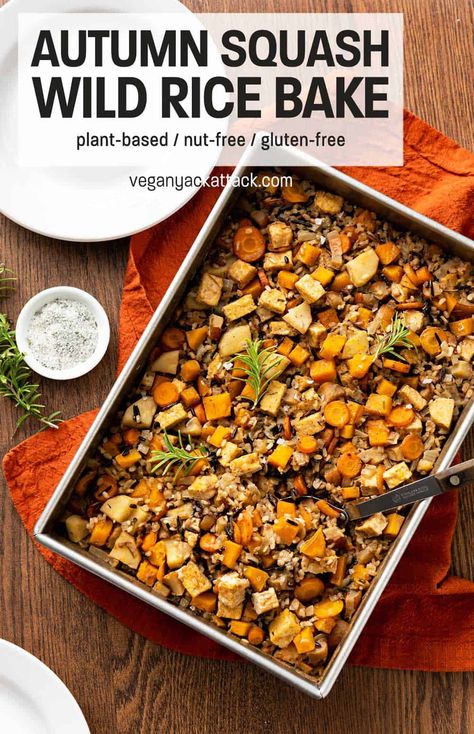 Hearty wild rice with some of my favorite Fall vegetables makes for an easy, hearty, delicious dinner in the form of a dump-and-bake Autumn Squash Wild Rice Bake! Wild Rice Bake, Vegan Casserole Recipes, Vegan Casseroles, Autumn Squash, Meatless Mains, Wild Rice Recipes, Wild Rice Casserole, Rice Bake, Plant Based Recipes Dinner