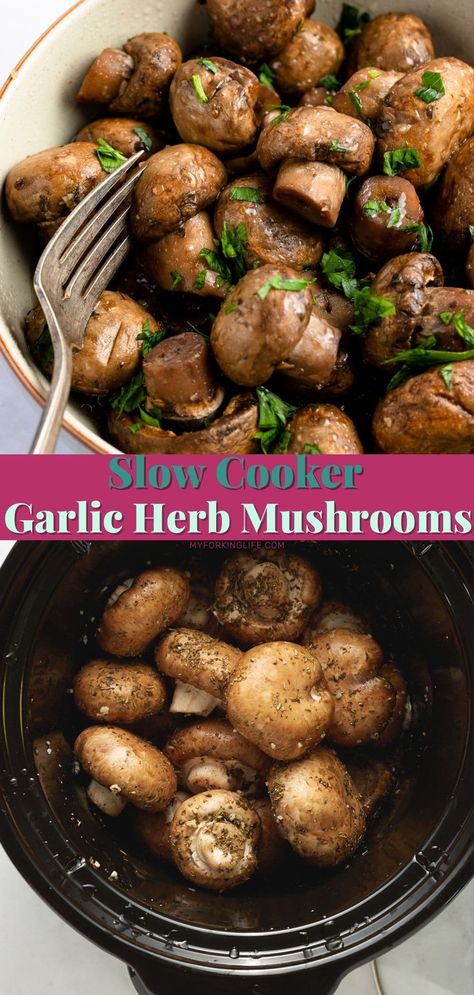 pin image for slow cooker mushrooms Mushroom Recipes Crockpot, Fresh Mushrooms Recipes, Veggie Meal Plan, Crockpot Mushrooms, Mushroom Slow Cooker, Crockpot Veggies, Mushroom Side Dishes, Slow Cooker Pork Tenderloin, Mushroom Appetizers