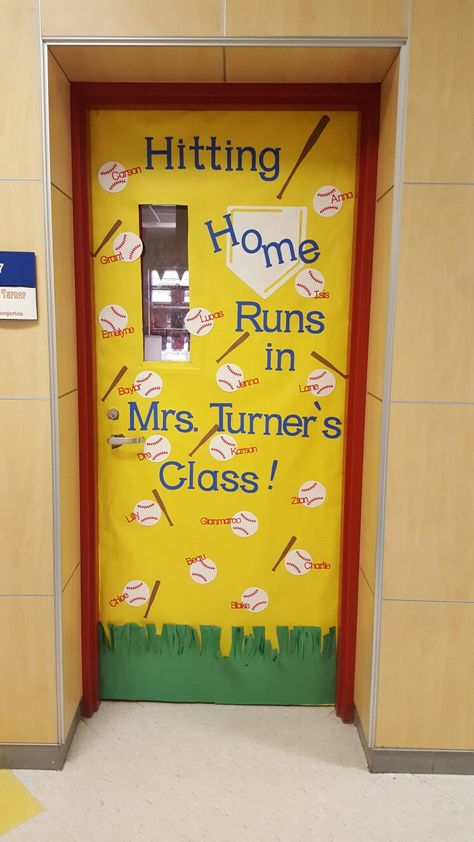 Baseball themed classroom door Sports Themed Classroom Door Designs, Baseball Testing Theme, Baseball Classroom Door Ideas, Sport Theme Classroom Door, Sports Themed Door Decorations, Softball Bulletin Boards, Sports Theme Door Decorations Classroom, Sport Themed Classroom Ideas, Classroom Door Sports Theme