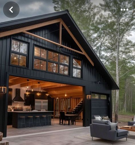 Black And Cedar Barndominium, Black Barndo Interior, Dark Barndominium Exterior, Warehouse Home Design, Barn House Interior, Warehouse Home, Barn House Design, Shop House Ideas, Pole Barn House Plans