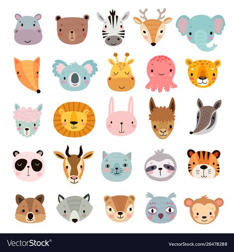 Kawaii Vector, Drawn Characters, Animal Illustration Kids, Head Cartoon, Baby Print, Kids Vector, Face Illustration, Cat Vector, Big Animals