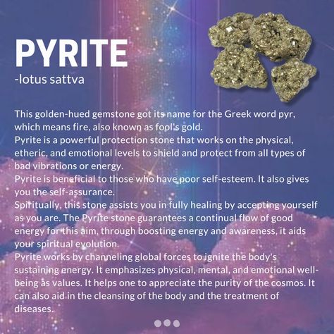 Also knows as fool's gold Because it ignites when struck against metal or another hard surface, pyrite gets its name from the Greek word pyr, which means fire. For benefits please read the post ✨ @lotusattva 🪷 (insta) #lotusattva #pyrite #foolsgold #crystallove #crystalbenefits #mineralcollecting #spiritualcrystals #crystalvibrations #crystalhealer Spiritual Care, Fool’s Gold, Crystal Healer, Pyrite Crystal, Spiritual Crystals, Fool Gold, Crystal Therapy, Mineral Collection, Protection Stones