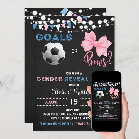 Baseballs Or Bows Gender Reveal, Baseballs Or Bows, Soccer Gender Reveal, Bows Gender Reveal, Bow Gender Reveal, Gender Reveal Party Invitations, Gender Reveal Invitations, Baby Gender Reveal, Create Your Own Invitations