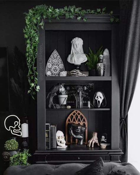 Gothic Bookshelf Decor, Wednesday Bedroom, Gothic Home Decor Modern, Gothic Bookshelf, Gothic Bookshelves, Gothic Shelf, Dark Hallway, Built In Shelves Living Room, Small Apartment Interior