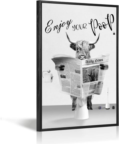 [Perfect Size]16 x 12 inches. The playful and cute cow canvas wall art is good ideal for your bathroom or restroom decor. It creates a warm atmosphere for you to enjoy your bath or toilet time. Restroom Decoration, Highland Cow Bathroom, Cow Bathroom, Cow Sitting, Newspaper Painting, Funny Highland Cow, Cow Wall Art, Cow Pictures, Restroom Decor