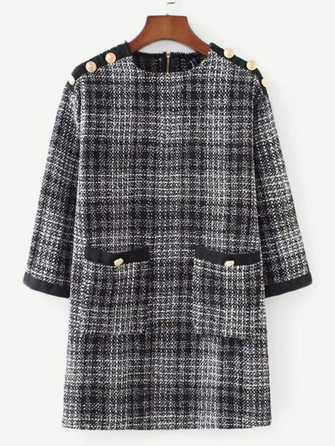 Pocket & Button Detail Plaid Tweed Dress | SHEIN Birthday Outfit Plus Size, Outfit Plus Size, Natural Clothing, Casual Tunics, Tweed Dress, Dress C, Pocket Dress, Grey Fashion, Sewing Dresses