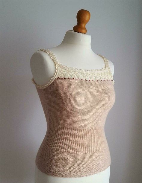 Lace-edged camisole knitting pattern by JENNIE ATKINSON Knitted Bags Pattern, Vintage Knit Patterns, Cottage Core Knitting Patterns, Knit Camisole Pattern, Camisole Knitting Pattern, Knitted Top Pattern, Victorian Knitting, Cotton Top Patterns, Knit Fashion Pattern