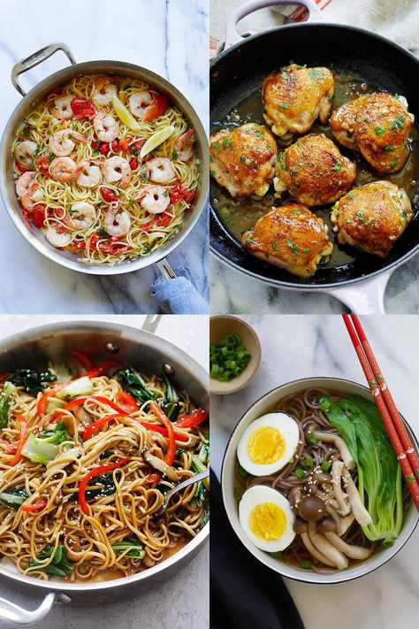 Weekly Meal Plan #7 - Rasa Malaysia Japanese Meal Plan, Soba Noodle Soup, Soba Soup, Sweet Garlic Chicken, Steak Sides, Vegetable Lo Mein, Rosemary Roasted Potatoes, Creamy Shrimp, Soba Noodle