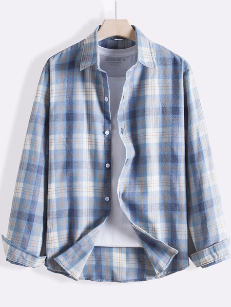 Blue and White Casual  Long Sleeve Cotton Plaid Shirt  Non-Stretch Spring/Fall Men Tops Check Shirt For Men, Light Blue Flannel Outfits Men, Blue Checked Shirt Outfit, Check Shirt Outfit For Men, Light Blue Shirt Outfit Men, Plaid Shirt Outfits Men, Light Blue Outfits, Light Blue Shirt Outfit, Mens Cloth