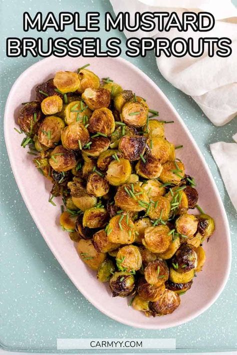 A simple and flavourful roasted brussels sprouts recipe, this Maple Mustard Brussels Sprouts recipe comes together quickly and easily with a few kitchen staples. A delicious side dish for the holidays or a weeknight dinner that you can make ahead of time, this brussels sprouts recipe is caramelized to crispy perfection! Maple Brussel Sprouts, Dutch Oven Roast Chicken, Roasted Brussel Sprouts Oven, Roasted Brussels Sprouts Recipe, Brussel Sprout Recipes Roasted, Slow Cooker Bbq Chicken, Kitchen Staples, Maple Mustard, Sprouts Recipe