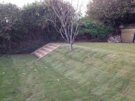 Steep Slope Backyard, Sloping Lawn Ideas, Sloping Lawn, Slope Deck Ideas, Sloped Lawn, Slope Backyard Landscaping Ideas, Sloped Backyard Ideas On A Budget, Large Yard Landscaping, Sloped Backyard Landscaping