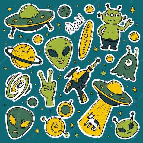 Premium Vector | Aliens and ufo vector doodle stickers set with funny green creatures in space Alien Vector, Alien Pictures, Space Doodles, Ufo Art, Doodle Stickers, Alien Artwork, Vector Doodle, Cute Alien, Alien Design