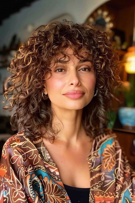 The Best Curly Haircuts with Bangs Subtle Bangs Curly Hair, 1960s Curly Hairstyles, 2c Curly Hair With Bangs, Bangs Black Women Curly, 3b Curly Hair With Bangs, Layered Curly Haircuts Natural Curls With Bangs, Shoulder Curly Haircuts, Curly Bangs Black Women, Fringe Bangs Curly Hair