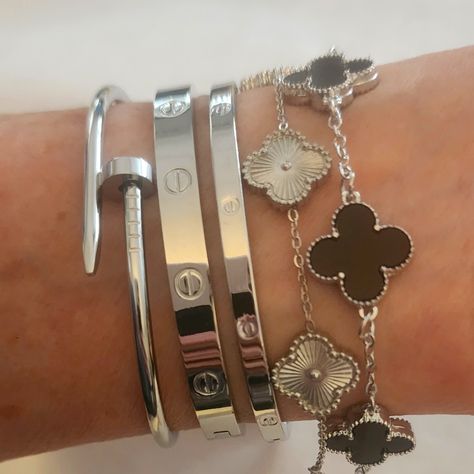 Diamond Bracelets Stack, Gold And Silver Stacked Bracelets, Gold And Silver Jewelry Stack, Silver Jewelry Stack Bracelets, Silver Jewelry Combo, Chunky Silver Bracelets, Jewelry Layering Silver, White Silver Jewelry, Silver Stacked Bracelets